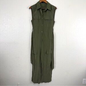 Mango‎ Jumpsuit Viscose Wide Leg Collard Cargo Belted Amy Olive Work Office #cc